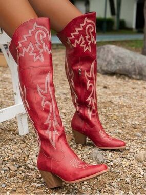 Women’s Red Western Knee-High Boots with Embroidered Detail